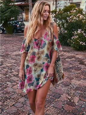 Floral Cold-Shoulder Tunic Dress - Pink & Green